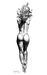 Mistress of Fire - figurine prelim, back view, Boris Vallejo